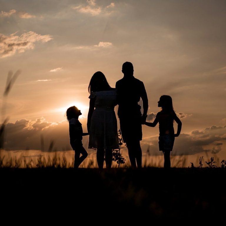 image Silhouette of a family of four holding hands at sunset.