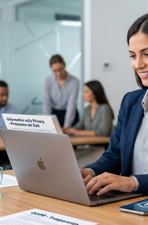 Privacy policy Donna in ufficio che lavora al computer con icone grafiche di protezione dati e privacy